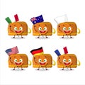 Orange pencil case cartoon character bring the flags of various countries Royalty Free Stock Photo