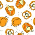 Orange pepper. Hand drawn vector seamless pattern with paprika.