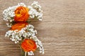 Orange persian buttercup flower and baby's breath on wood Royalty Free Stock Photo