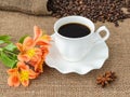Orange peruvian lily flower, hot coffee in white elegant cup with saucer and scattering of coffee beans on rustic sackcloth a Royalty Free Stock Photo