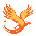 Orange phoenix bird in flight with spread wings and tail. Mythical fire bird soaring gracefully vector illustration