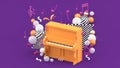 The orange piano is surrounded by notes and colorful balls on the purple background