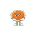 Orange pie cartoon with smirking mascot design.