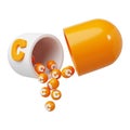 Orange pill or capsule filled with pharmacy vitamin C. granules are poured out of the open tablet. 3D Rendering Royalty Free Stock Photo