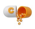 Orange pill or capsule filled with vitamin C. Medical granules are poured out of the open tablet. 3D Rendering Royalty Free Stock Photo