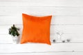 Orange Pillow case Mockup. Flat lay, top view photo mockup. Holidays decorations Royalty Free Stock Photo