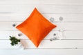 Orange Pillow case Mockup. Flat lay, top view photo mockup. Holidays decorations