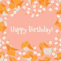 Orange Pink Garden Ditsy Floral Happy Birthday Vector Greeting Card.