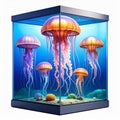 Orange and Pink Jellyfish in a Glass Cube Aquarium Royalty Free Stock Photo