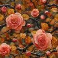 Orange and pink roses with water droplets