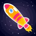 Orange with pink stripes space rocket with porthole flying in space among the stars
