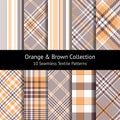 Orange plaid and stripes pattern vector set. Tartan and glen checks and vertical textured lines for dress, jacket, skirt. Royalty Free Stock Photo
