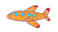 Orange plane in a deliberately childish style. Child drawing. Sketch imitation painting felt-tip pen or marker. Childrens