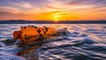 Orange plastic bottle with barnacles floating in ocean waves at sunset water Royalty Free Stock Photo