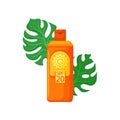 Orange plastic bottle of sunblock and two green monstera leaves. Cream with SPF for skin protection. Flat vector icon Royalty Free Stock Photo