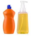 Orange plastic bottles with liquid laundry detergent, cleaning a Royalty Free Stock Photo