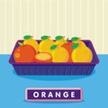 Orange on the plastic food packaging tray wrapped with polyethylene. Vector illustration Royalty Free Stock Photo