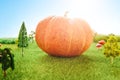 Orange plastic pumpkins on a green meadow with green grass. Macro shooting. Fairy tale.