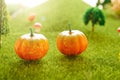 Orange plastic pumpkins on a green meadow with green grass. Macro shooting. Fairy tale.