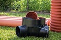 Orange plastic sewer pipes. Reconstruction and installation Royalty Free Stock Photo