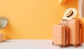 Orange plastic suitcases. Stylish luggage bags on background with empty copy space. Travel and vacation concept. Created with