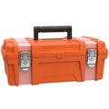 Orange plastic toolbox with black handle isolated on transparent background, isolated on white background Royalty Free Stock Photo