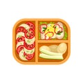 Plastic tray with tasty food. Boiled potatoes, delicious sandwich, vegetables. Delicious meal for lunch. Flat vector