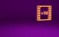 Orange Play Video with inscription 18 plus content icon on purple background. Age restriction symbol. Adult