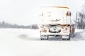 Orange plough truck on path completely covered with snow, gray sky and trees in background, view from back car driving behind - Royalty Free Stock Photo