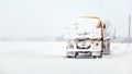 Orange plough truck on snow covered road, gray sky and trees in background, view from car driving behind Royalty Free Stock Photo