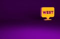 Orange Pointer to wild west icon isolated on purple background. Western signboard, message board, signpost for finding