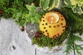 Orange pomander ball with candle on wooden table Royalty Free Stock Photo