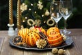 Orange pomander balls, christmas table decoration Royalty Free Stock Photo