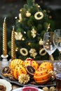 Orange pomander balls, christmas table decoration Royalty Free Stock Photo