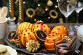 Orange pomander balls, christmas table decoration Royalty Free Stock Photo