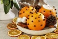 Orange pomander balls. Tradittional Christmas decoration Royalty Free Stock Photo