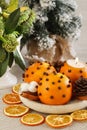 Orange pomander balls. Tradittional Christmas decoration Royalty Free Stock Photo