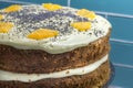 Orange poppy seed cake with yogurt flavoured frosting - layer cake Royalty Free Stock Photo