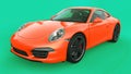 Orange Porsche 911 three-dimensional raster illustration on a green background. 3d rendering.