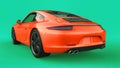 Orange Porsche 911 three-dimensional raster illustration on a green background. 3d rendering.