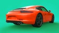 Orange Porsche 911 three-dimensional raster illustration on a green background. 3d rendering.