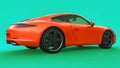 Orange Porsche 911 three-dimensional raster illustration on a green background. 3d rendering.