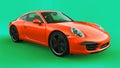 Orange Porsche 911 three-dimensional raster illustration on a green background. 3d rendering.