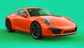 Orange Porsche 911 three-dimensional raster illustration on a green background. 3d rendering.