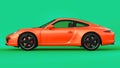 Orange Porsche 911 three-dimensional raster illustration on a green background. 3d rendering.