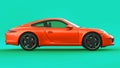 Orange Porsche 911 three-dimensional raster illustration on a green background. 3d rendering.