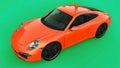 Orange Porsche 911 three-dimensional raster illustration on a green background. 3d rendering.