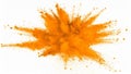 Orange powder explosion against a white background, abstract burst of color Royalty Free Stock Photo