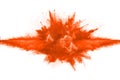 Orange powder explosion on white background.