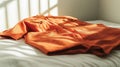 Orange prison uniform lying on bed in soft sunlight casting shadows on fabric. Image evokes a sense of solitude and Royalty Free Stock Photo